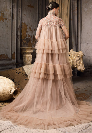 Nude floral embroidered fringe tulle gown