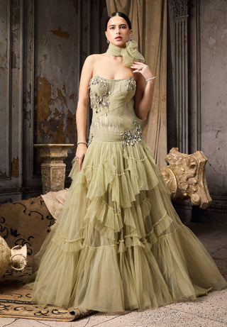 Soft pink tulle crystal embellished tiered gown