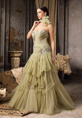 Soft pink tulle crystal embellished tiered gown