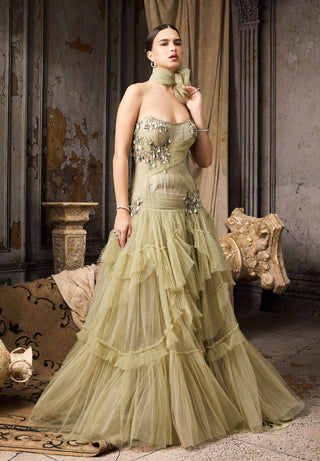 Soft pink tulle crystal embellished tiered gown