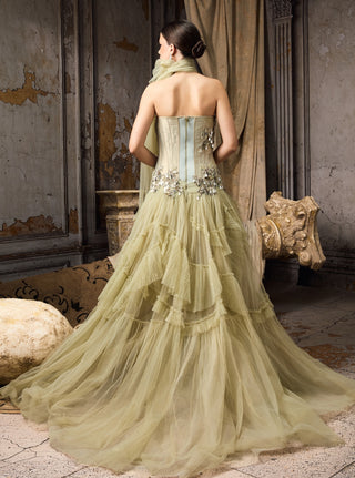 Soft pink tulle crystal embellished tiered gown