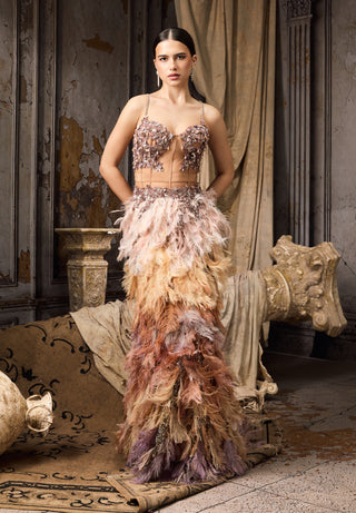 MultiColor feather embellished corset and skirt