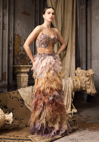 MultiColor feather embellished corset and skirt