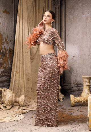 Nude gold tassel feather embellished skirt and blouse