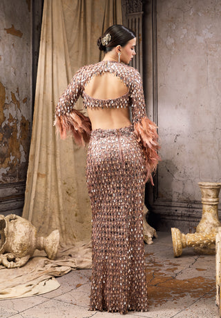 Nude gold tassel feather embellished skirt and blouse