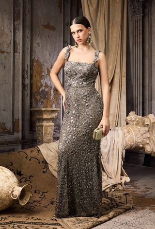 Gray floral lace sequin embellished gown