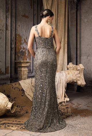 Gray floral lace sequin embellished gown