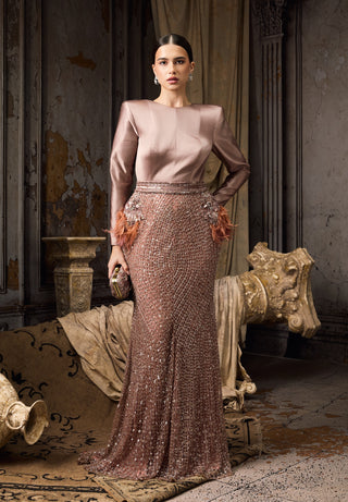 Pink satin feather embellished gown