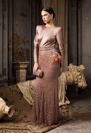 Pink satin feather embellished gown