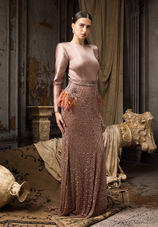 Pink satin feather embellished gown