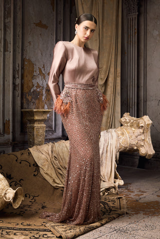 Pink satin feather embellished gown