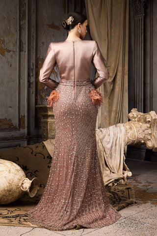Pink satin feather embellished gown