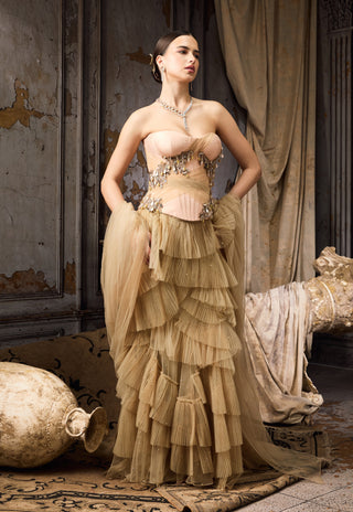 Pink green metallic corset with ruffle skirt