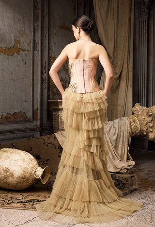 Pink green metallic corset with ruffle skirt