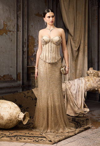 Beige metallic sequin corset and skirt