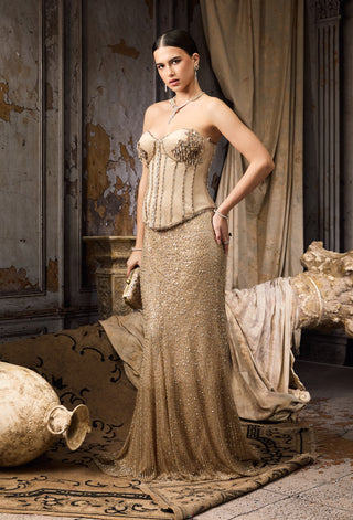 Beige metallic sequin corset and skirt