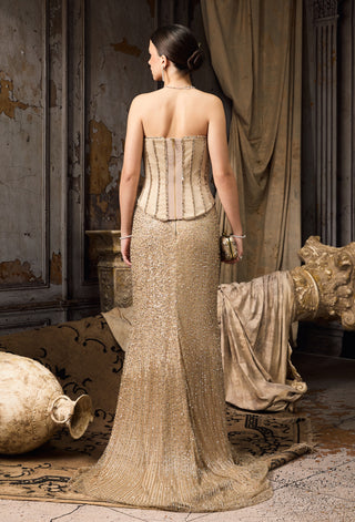 Beige metallic sequin corset and skirt