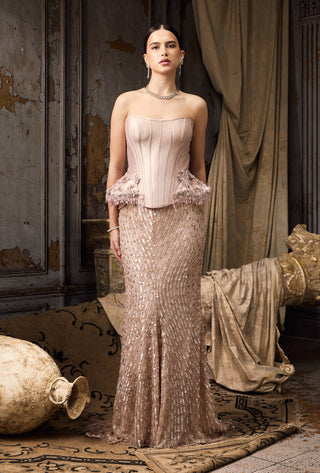 Pink floral embroidered corset skirt set