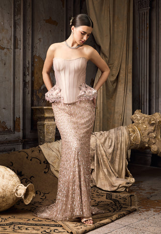 Pink floral embroidered corset skirt set
