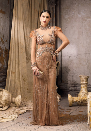 Nude sheer beaded feather embellished gown