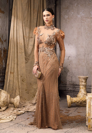 Nude sheer beaded feather embellished gown