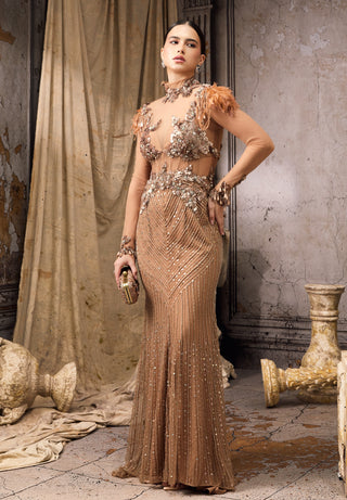 Nude sheer beaded feather embellished gown
