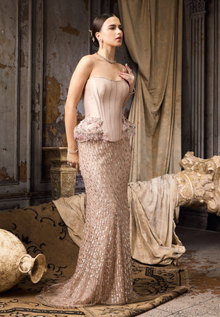 Pink floral embroidered corset skirt set