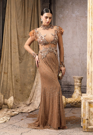 Nude sheer beaded feather embellished gown