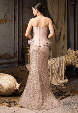 Pink floral embroidered corset skirt set