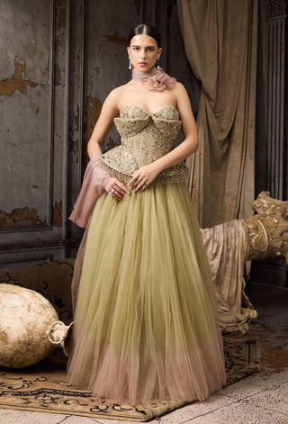 Green pink ombre embellished corset and skirt set