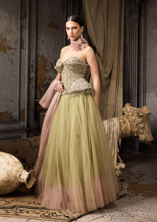 Green pink ombre embellished corset and skirt set