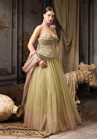Green pink ombre embellished corset and skirt set