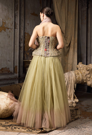 Green pink ombre embellished corset and skirt set