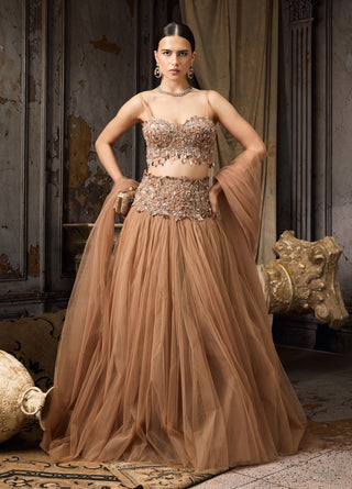 Nude embellished blouse tulle skirt set