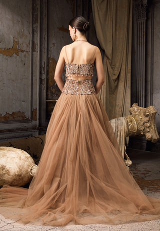 Nude embellished blouse tulle skirt set