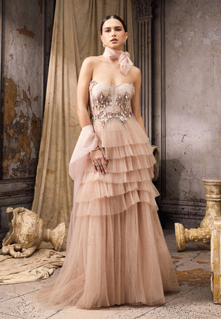 Nude metallic embellished ruffle gown