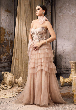 Nude metallic embellished ruffle gown