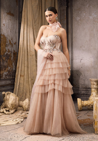 Nude metallic embellished ruffle gown
