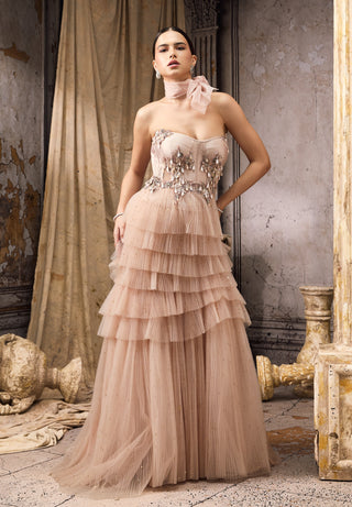 Nude metallic embellished ruffle gown