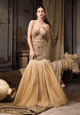 Pale yellow embellished fringe tulle gown
