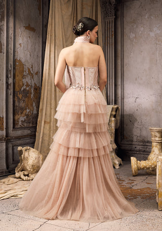 Nude metallic embellished ruffle gown