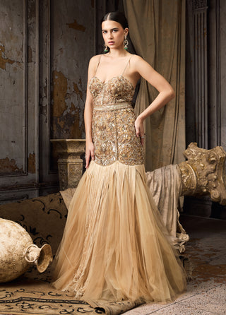 Pale yellow embellished fringe tulle gown