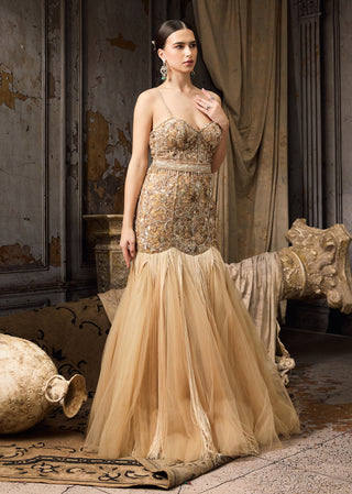 Pale yellow embellished fringe tulle gown