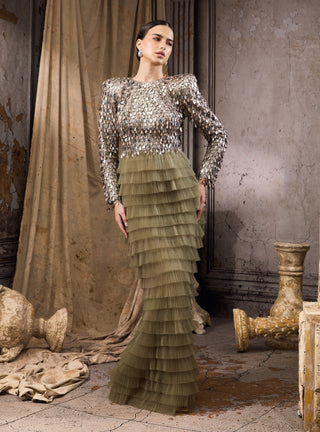 Emerald green sequin pleated tulle gown