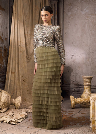 Emerald green sequin pleated tulle gown
