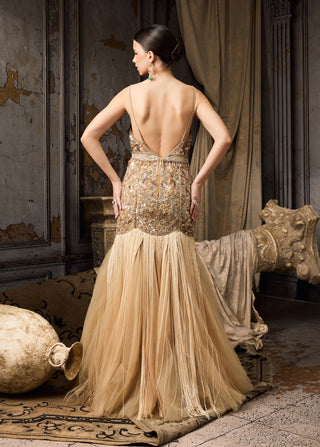 Pale yellow embellished fringe tulle gown