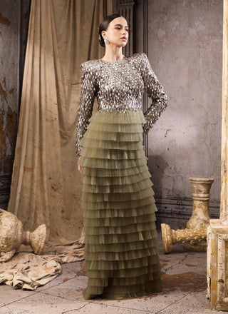 Emerald green sequin pleated tulle gown