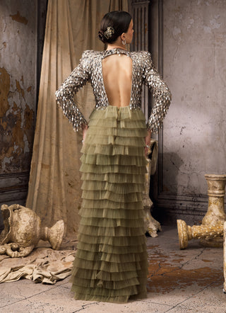 Emerald green sequin pleated tulle gown