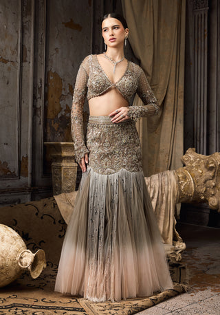 Grey blush ombre embellished lehenga and blouse