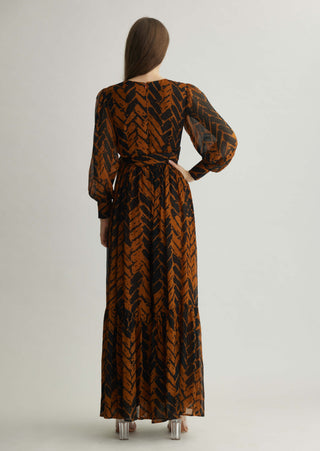 Rust and black chevron print wrap jumpsuit